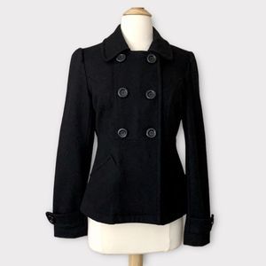 Anthropologie Tulle Wool Blend Double Breasted Hooded Black Peacoat